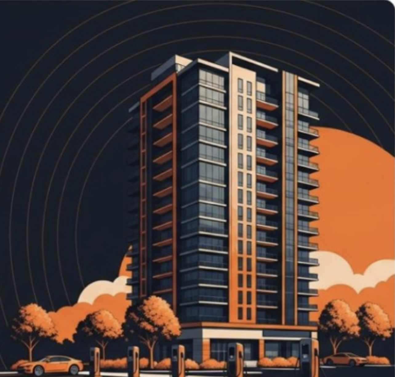 High-rise residential building with EV chargers and vehicles — system overview